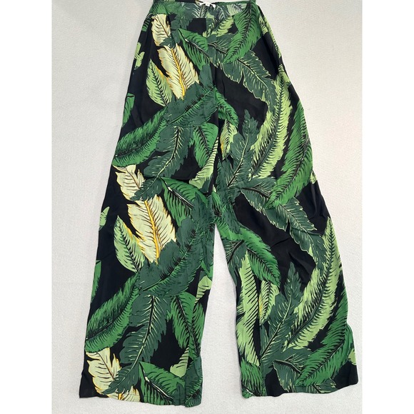 Beach Riot Pants - Beach Riot Wide Leg Pants Womens Medium Black Green Tropical Palm Leaf Print